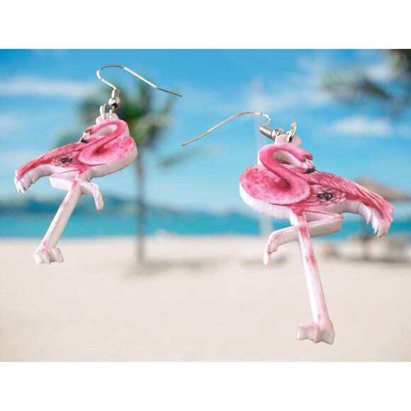 Pink Flamingo Earrings Dangle Hooks New Double Sided Las Vegas Florida B… - Picture 5 of 12